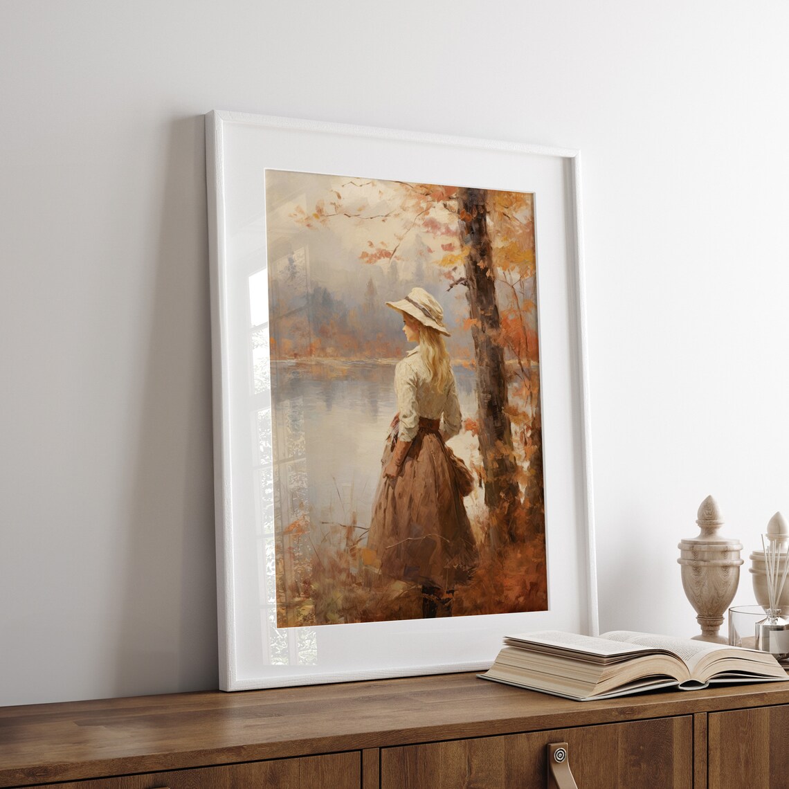 Woman in a Hat by an Autumn Lake Vintage Fall Painting Poster - Image 2