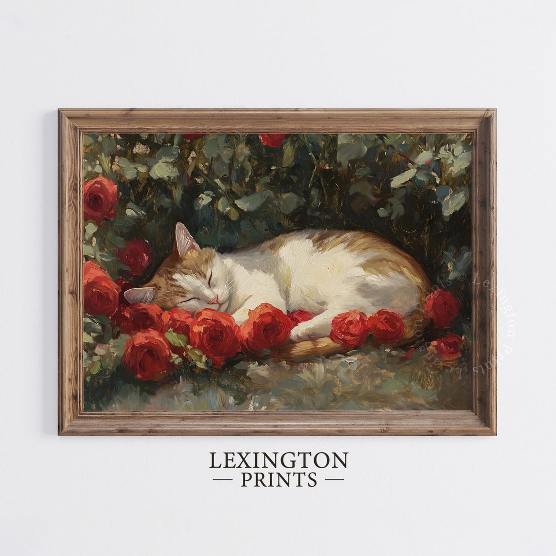 Sleeping Cat Among Red Roses Vintage Floral Oil Painting Wall Art - Image 2