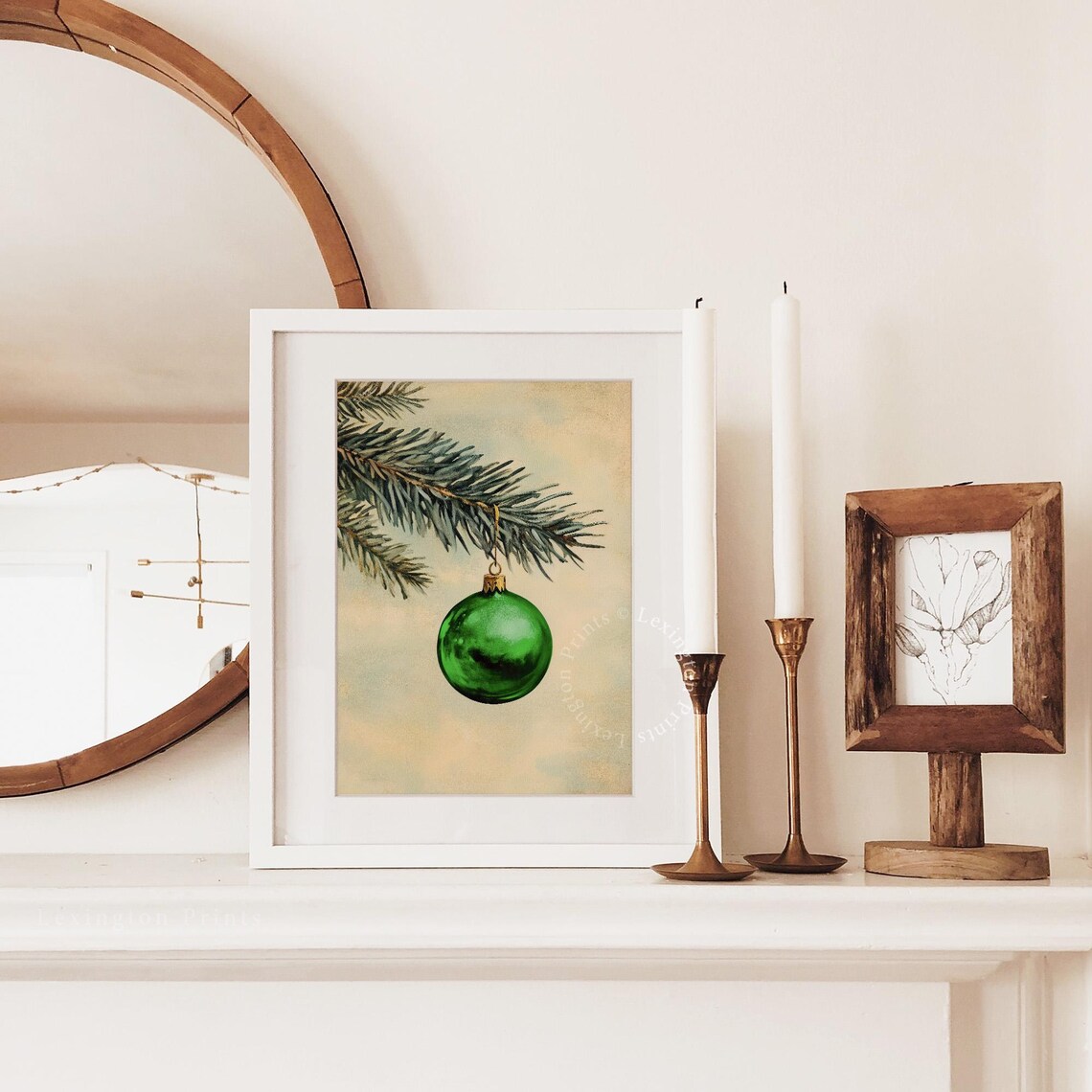 Green Christmas Ornament on Pine Branch Minimal Oil Painting Poster - Image 2