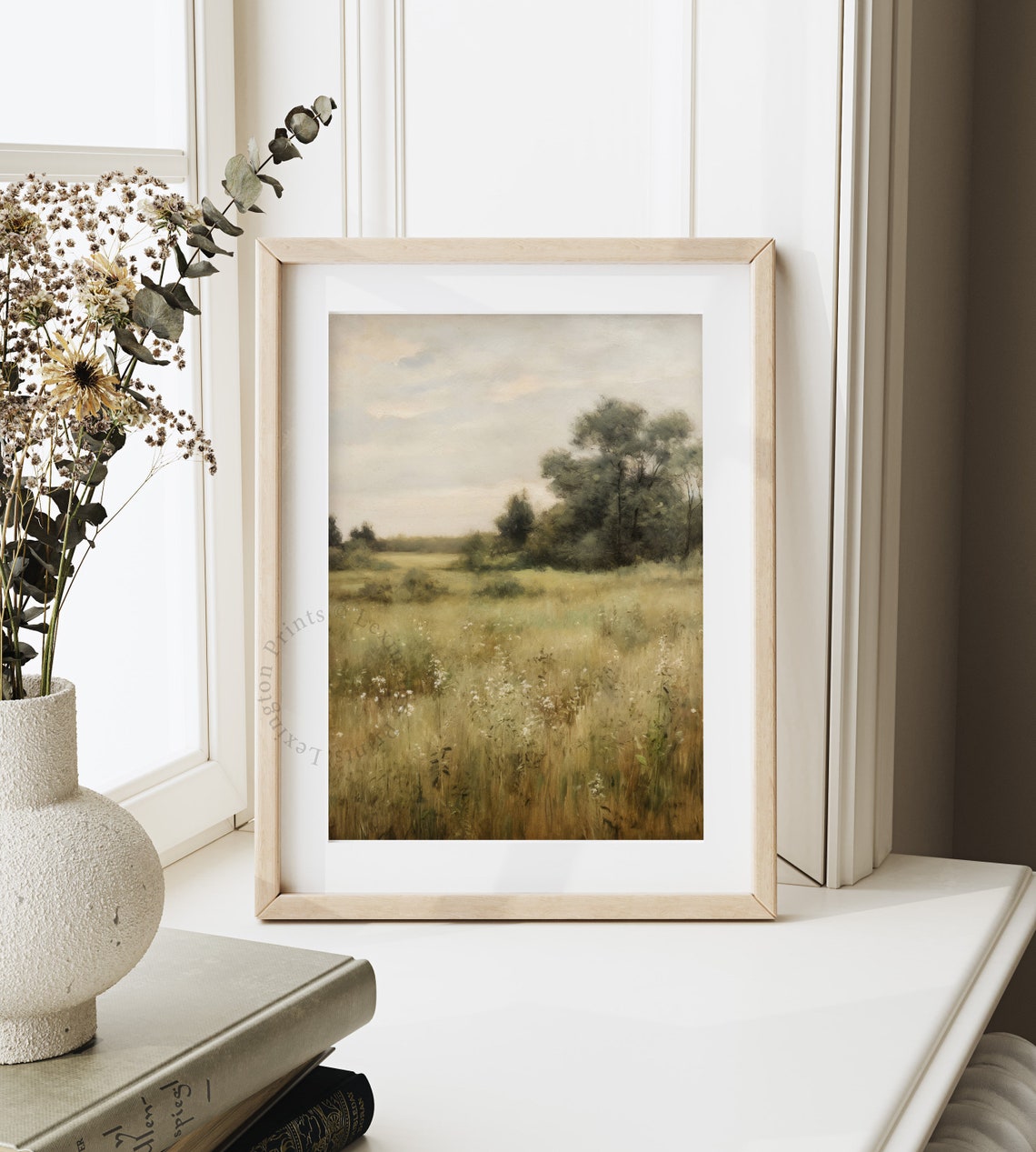 Golden Wildflower Meadow With Distant Trees Serene Landscape Art Print - Image 3
