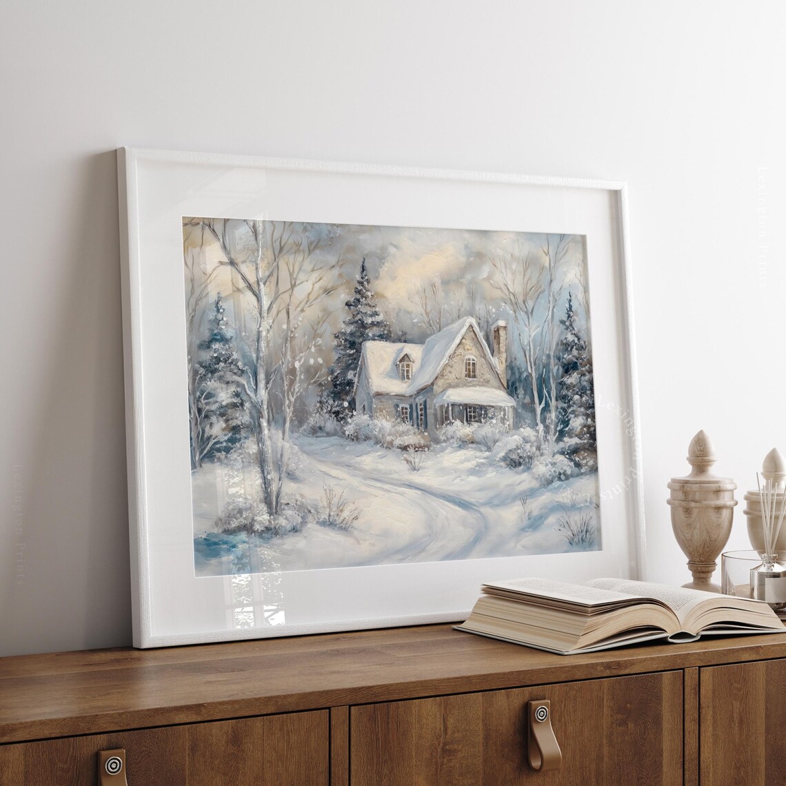 Snow Covered Cottage in Winter Woodland Peaceful Snowfall Art Print - Image 3