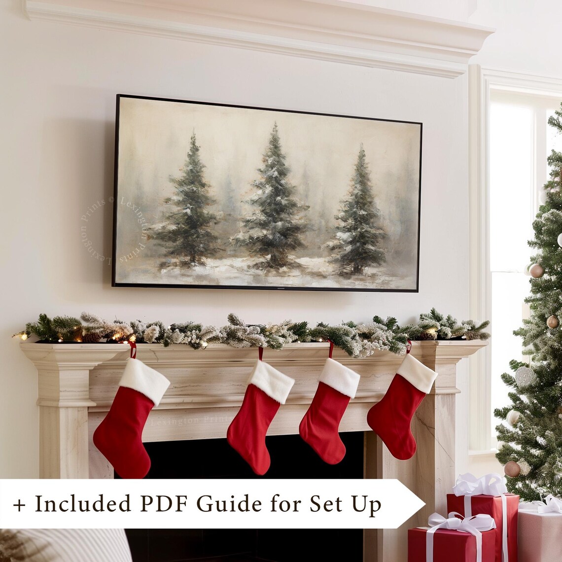 Three Snowy Evergreen Trees in Winter Fog Frame TV Art Poster - Image 8