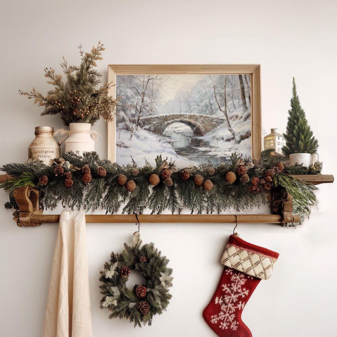Snowy Stone Bridge Winter Landscape Painting Vintage Wall Art - Image 7