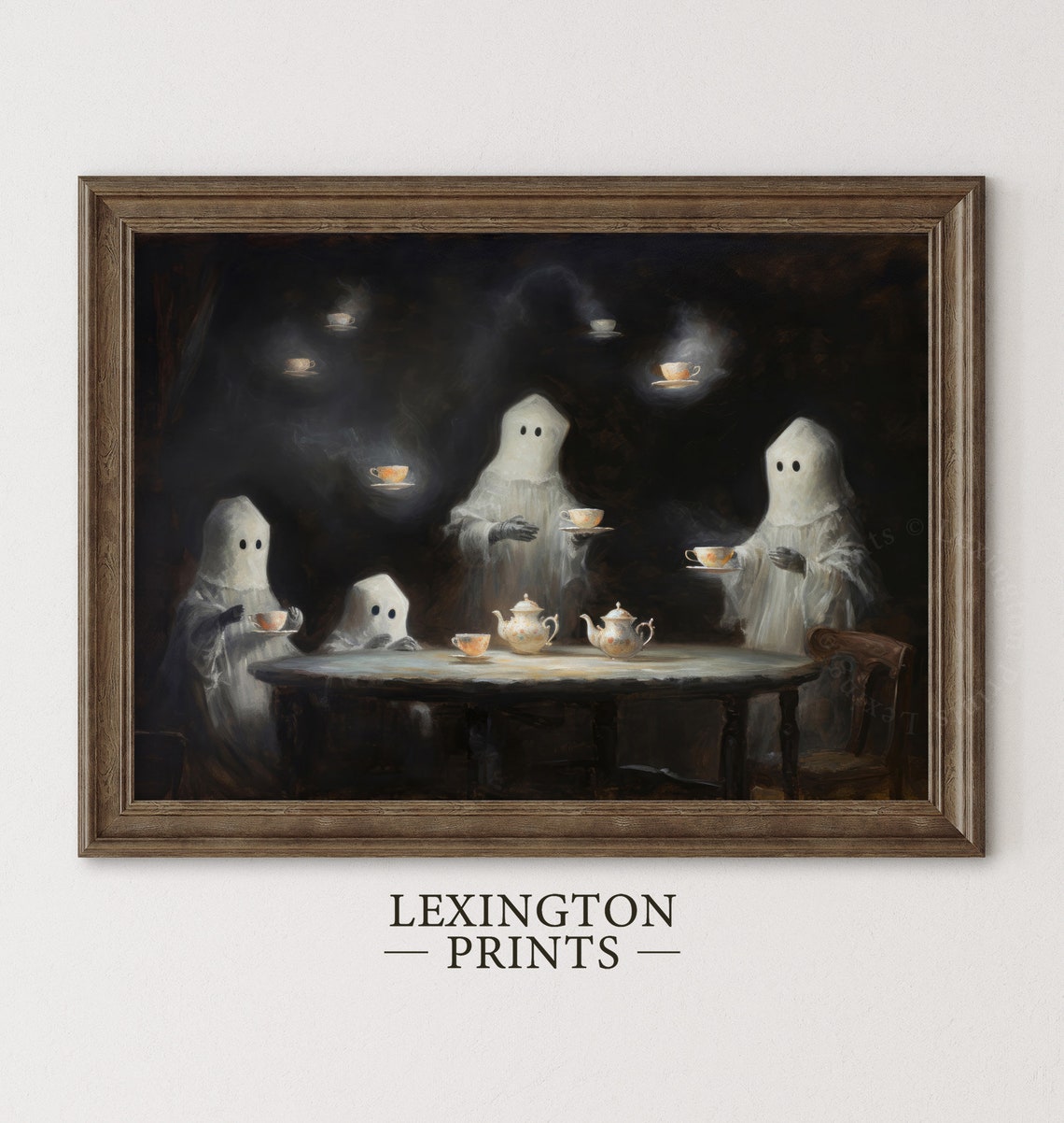Cute Ghosts Tea Party Spooky Friends Vintage Style Halloween Wall Art - Image 2