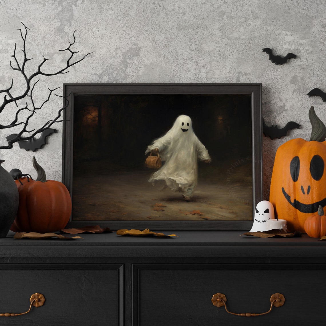 Happy Ghost Trick-or-Treating with Pumpkin Basket Halloween Poster - Image 7