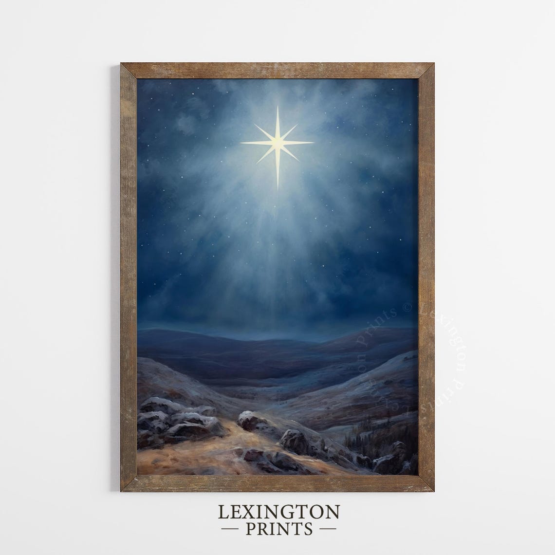 Bright Bethlehem Star Over Moonlit Rocky Hills Night Sky Print - Image 5