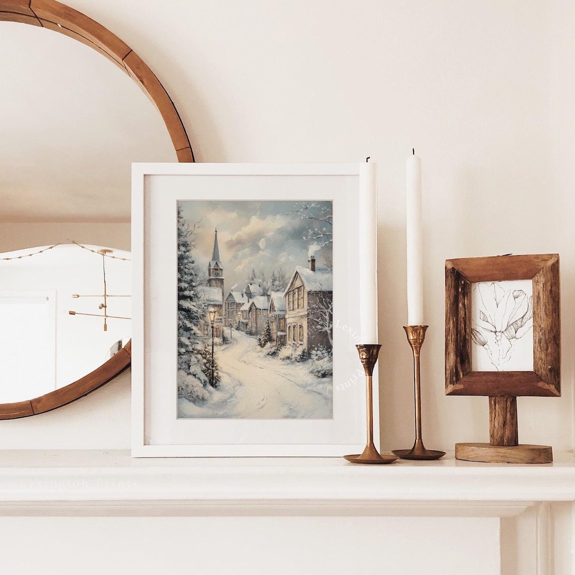 Snowy Village Church Steeple Christmas Winter Painting Poster - Image 3