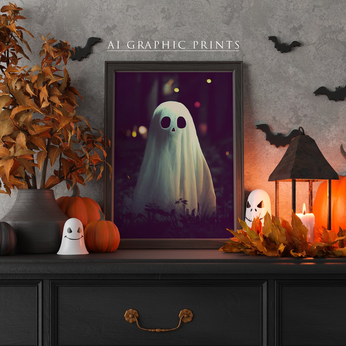 Ghost AI Halloween Art Print, Spooky Fall Decor