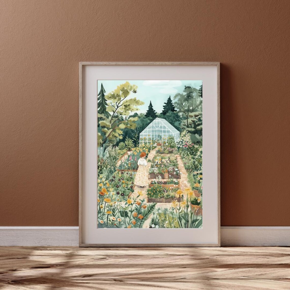 Woman Gardening in Flower Garden With Glass Greenhouse Wall Poster - Image 2