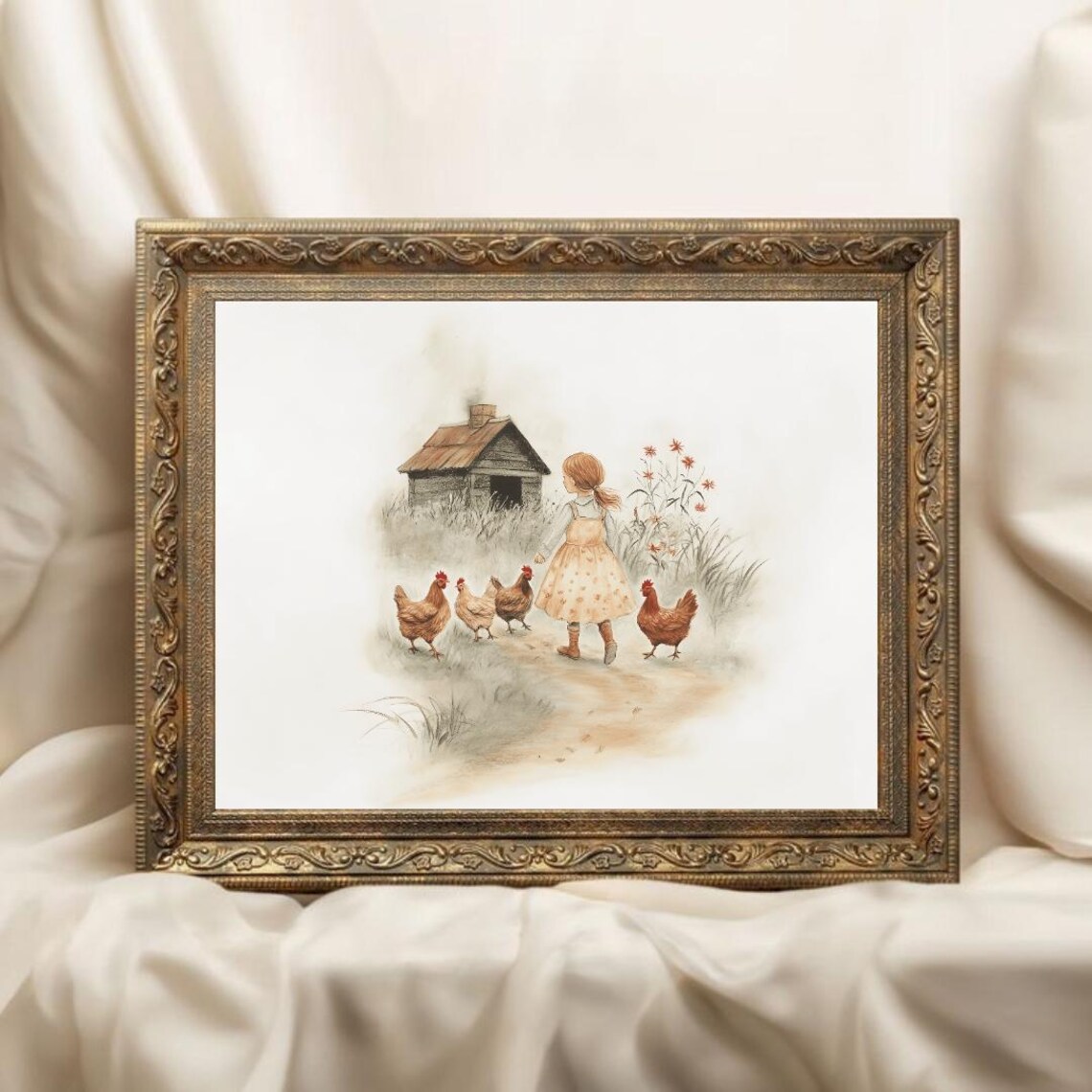 Farm Girl and Chickens Vintage Nursery Art Print - Image 2