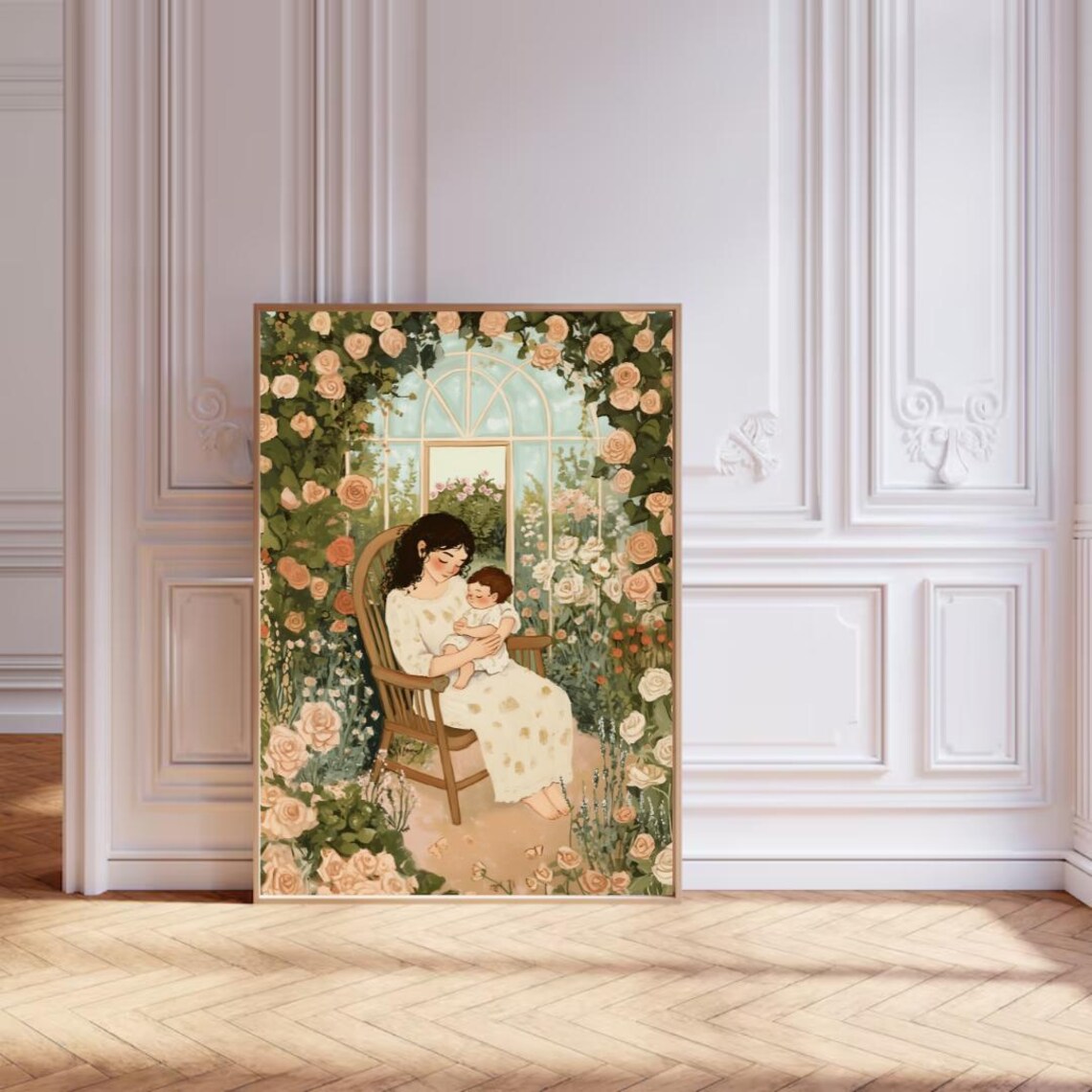 Mother and Baby in Rose Garden Greenhouse Nursery Art Poster - Image 4