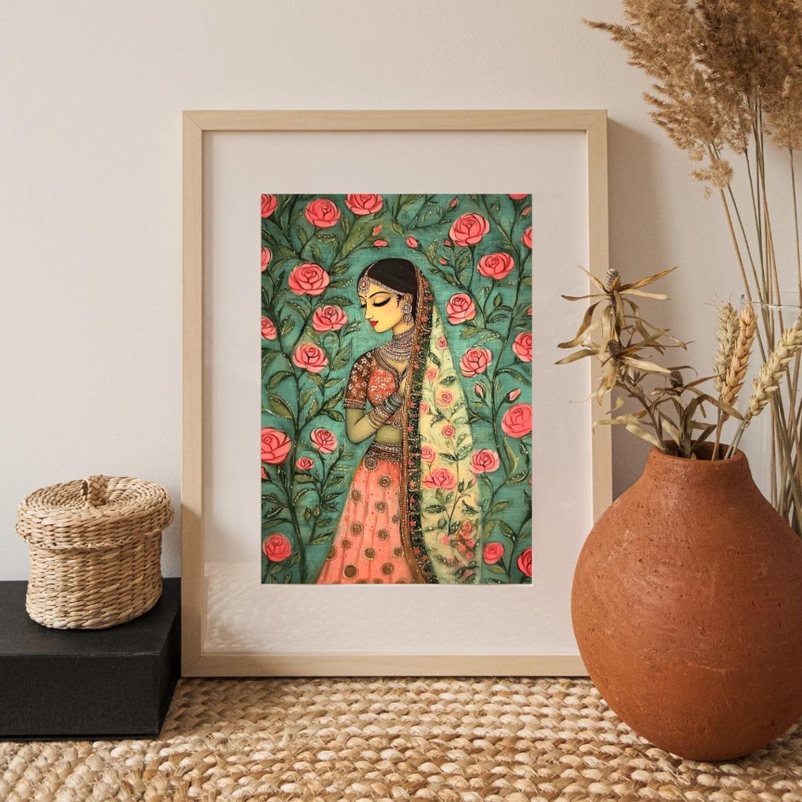 Elegant Indian Bride in Red Lehenga Among Pink Roses Folk Art Poster - Image 4