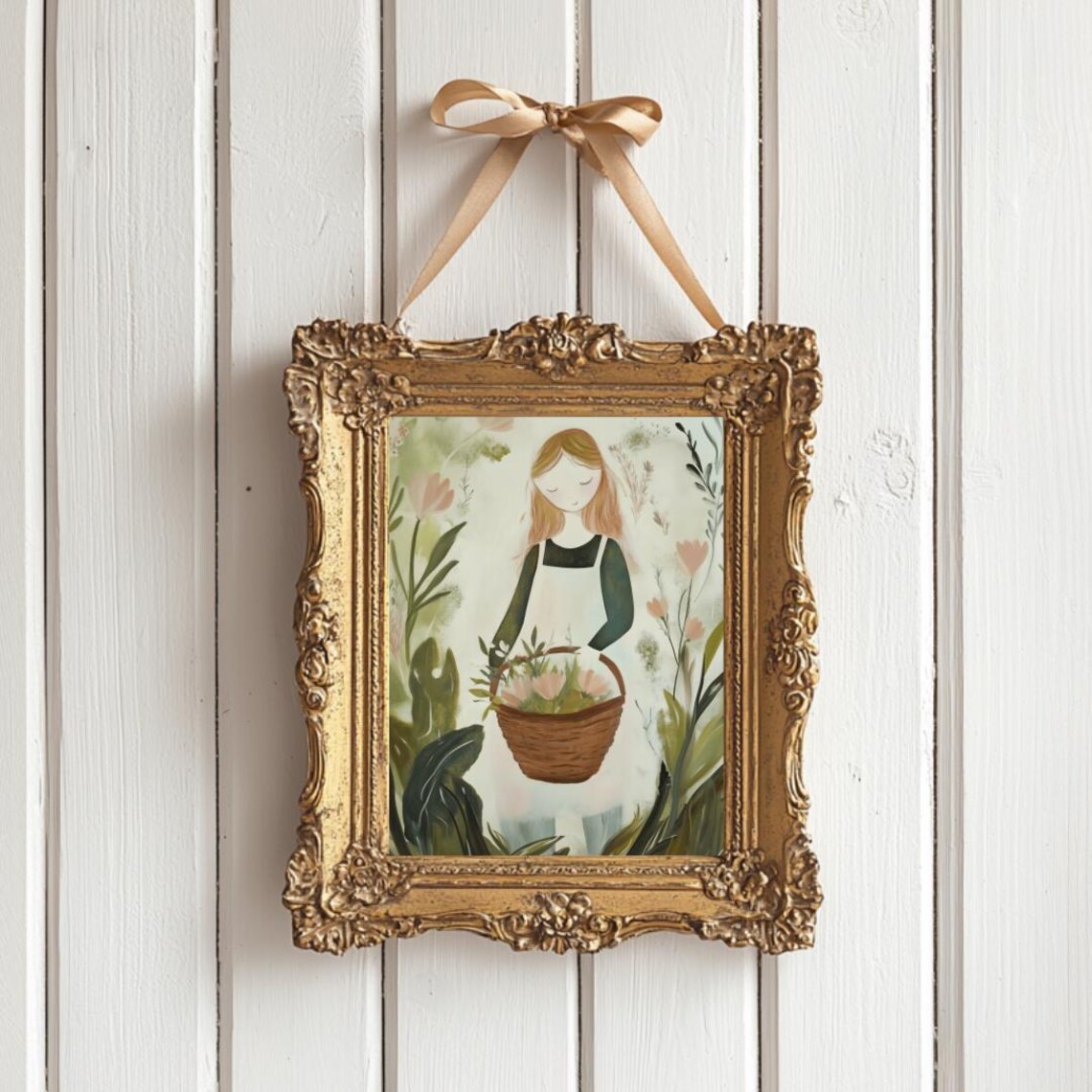 Girl With Flower Basket Among Tall Wildflowers Garden Art Poster - Image 4