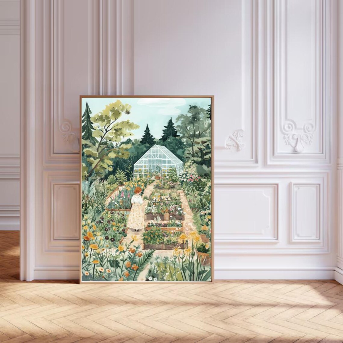 Woman Gardening in Flower Garden With Glass Greenhouse Wall Poster - Image 5