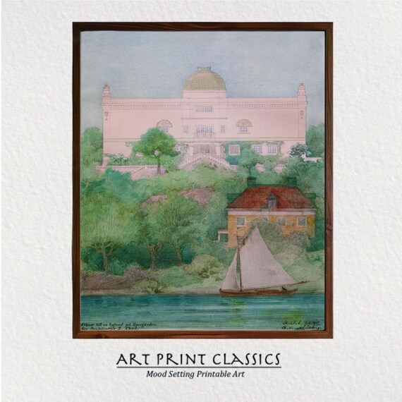 Vintage Lakeside Villa Architectural Watercolor Grand Pink Mansion Sailboat Poster