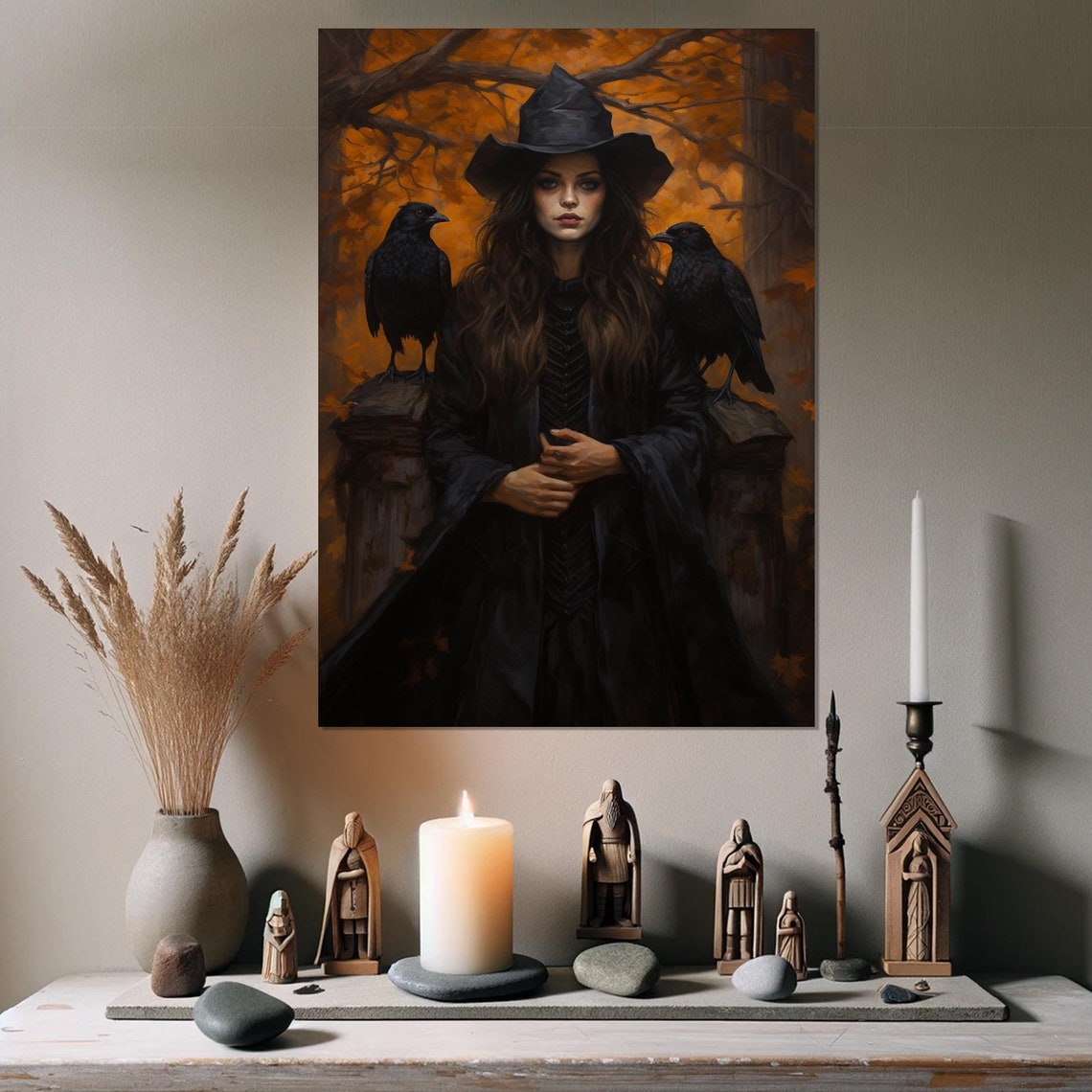 Autumn Witch Black Hat Two Ravens Orange Forest Gothic Fantasy Poster