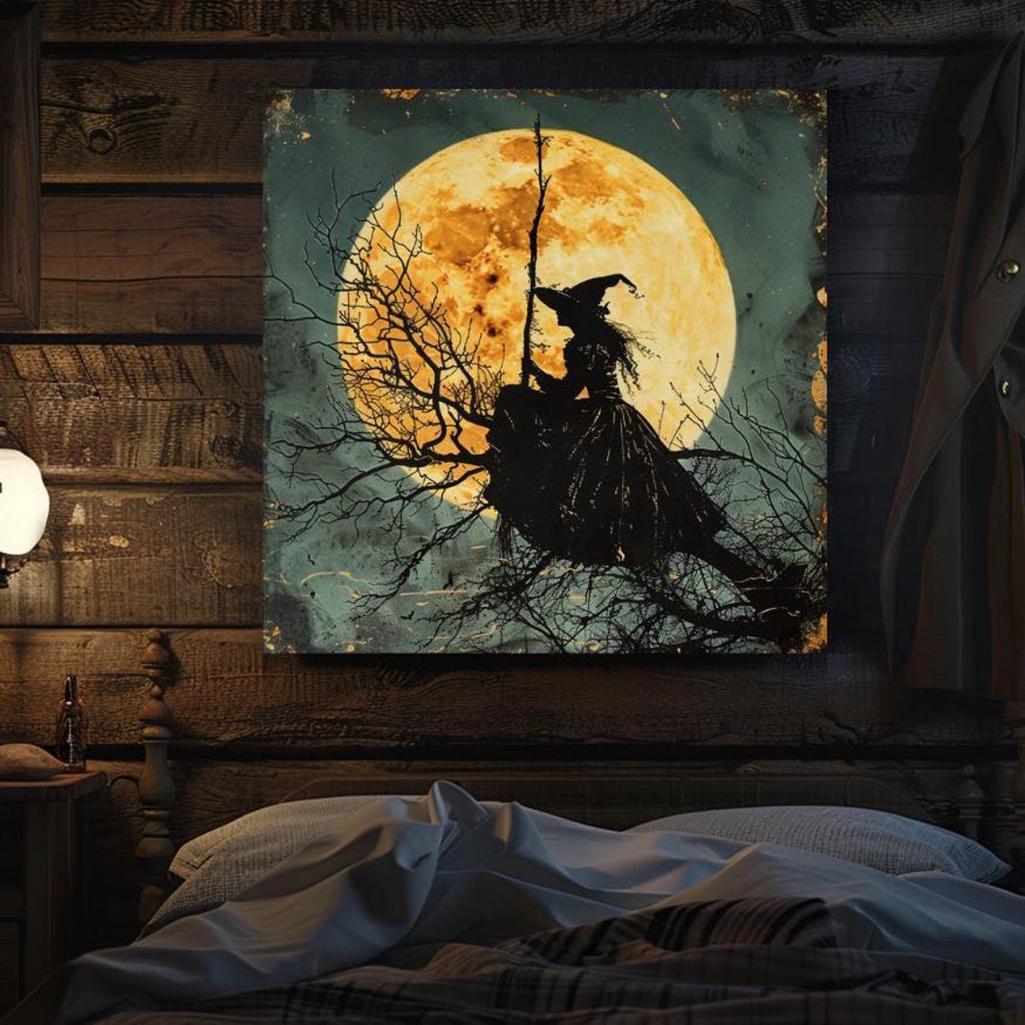 Witch Flying on Broomstick Across Giant Harvest Moon Vintage Poster - Image 4