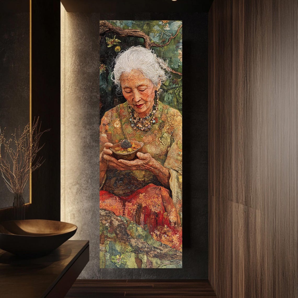 Elderly Woman Holding Bowl of Berries Tall Narrow Boho Art Print - Image 3