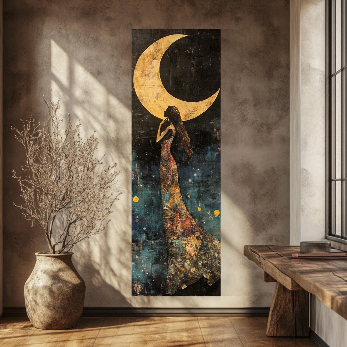 Moon Goddess Reaching Toward Golden Crescent Moon Narrow Vertical Poster - Image 3