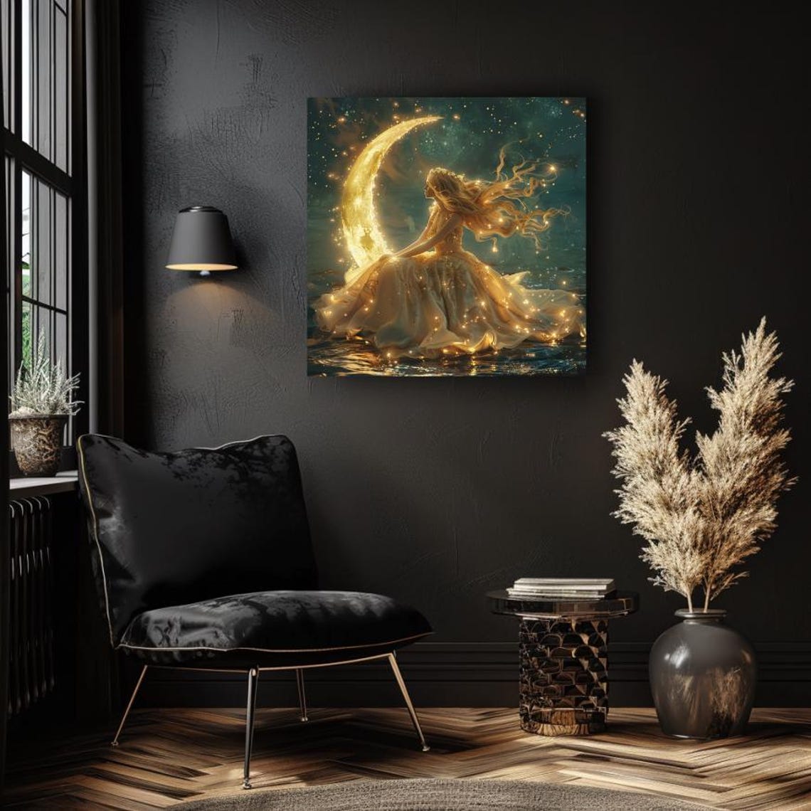 Golden Moon Goddess Seated On Crescent Moon Starlit Sea Poster - Image 3