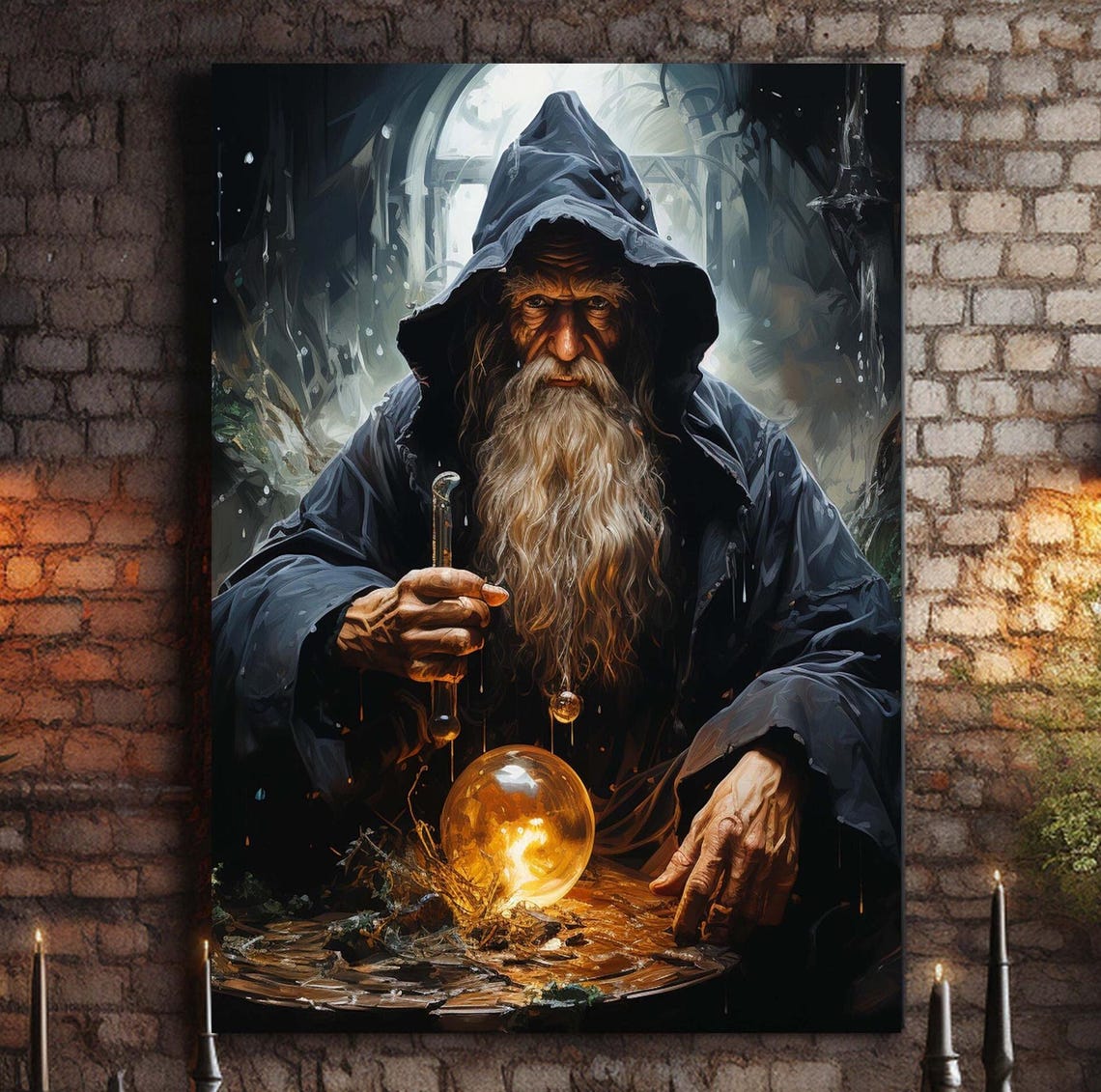Hooded Wizard With Crystal Ball Dark Sorcerer Portrait Poster