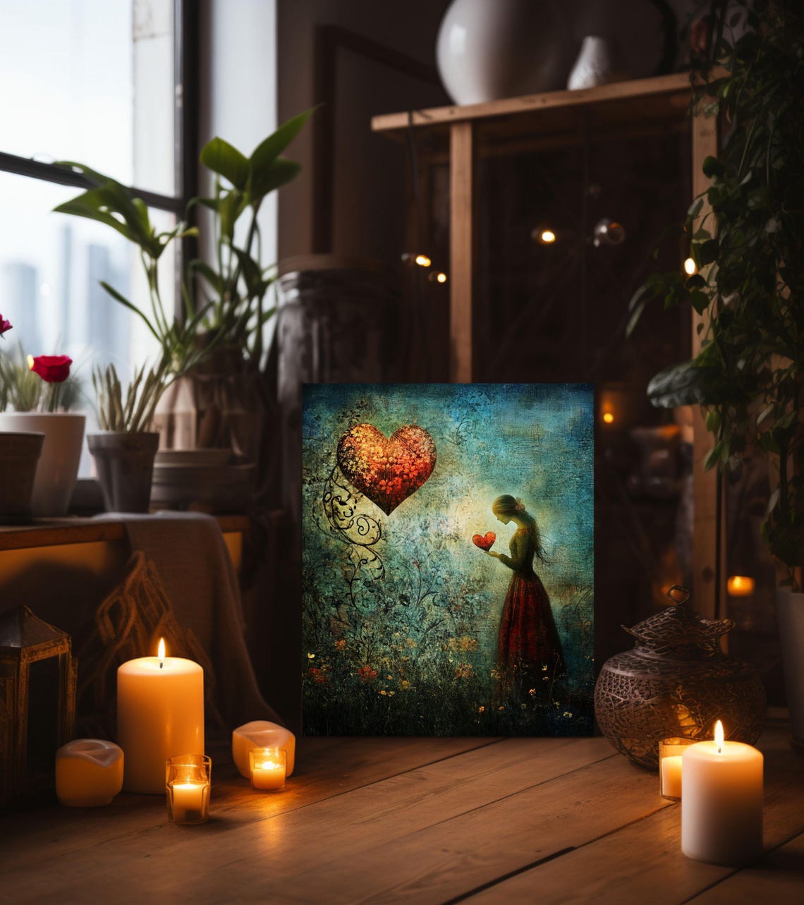 Whimsical Woman Holding Heart with Giant Floral Heart Love Art Poster - Image 3