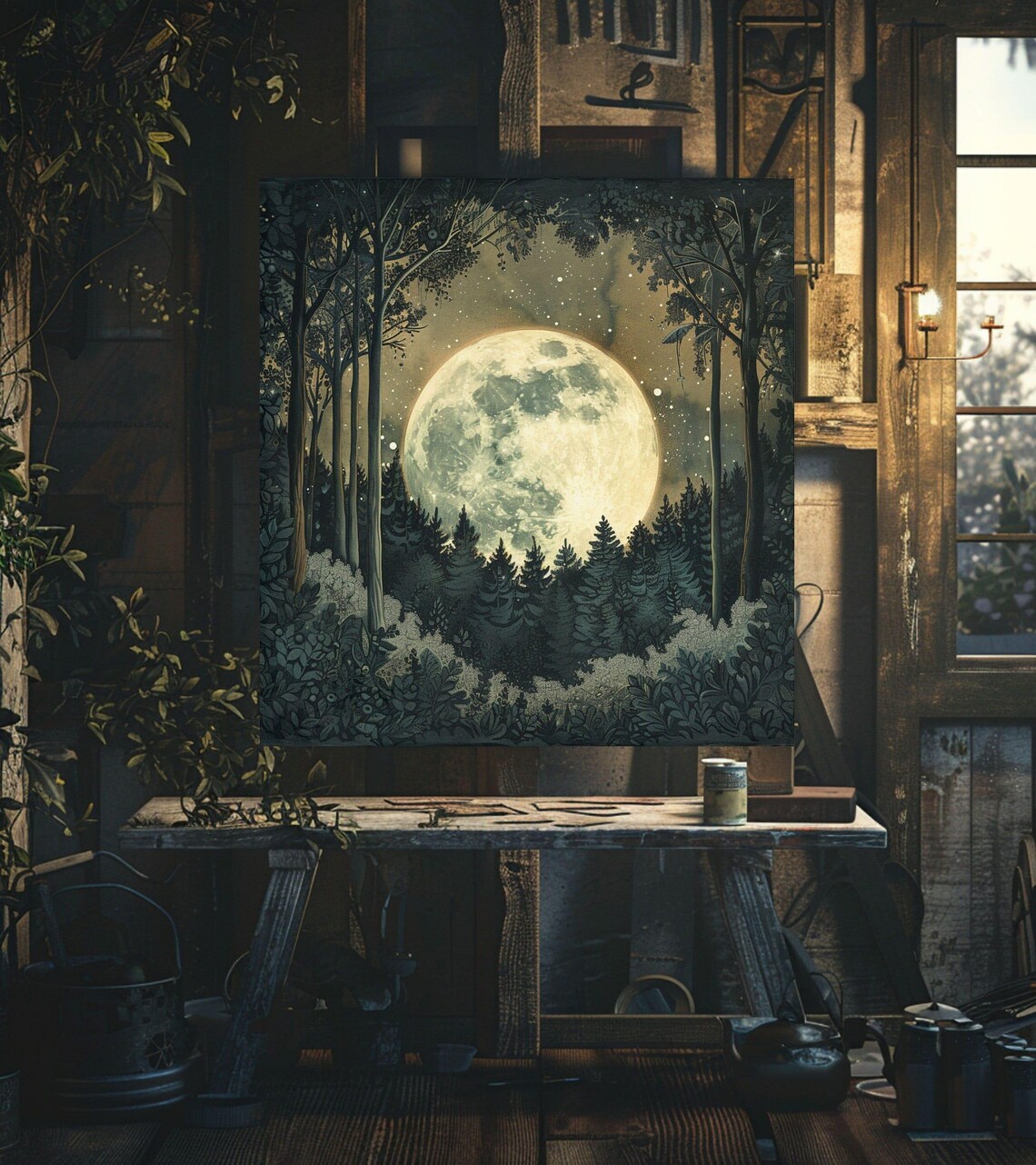 Forest Moon Nature Art Moonlit Forest Painting Ethereal Wall Decor Mystical Artwork Night Sky Wall Art Rustic Hanging Art Decor