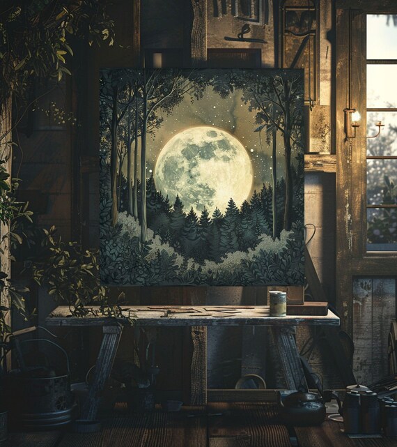 Forest Moon Nature Art Moonlit Forest Painting Ethereal Wall Decor Mystical Artwork Night Sky Wall Art Rustic Hanging Art Decor