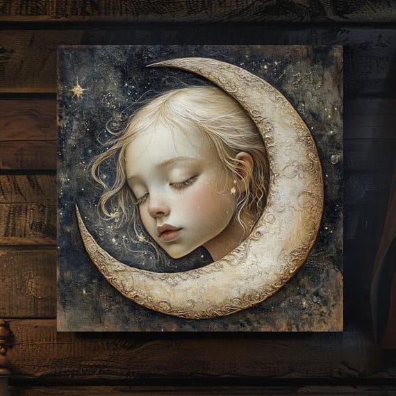 Mystical Moon Child Art Mystical Child In Crescent Moon Decor Ready To Hang Dreamy Moon Art Best Gift For Starry Night Lovers