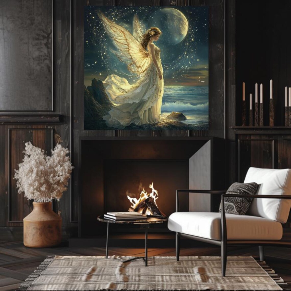 Moonlit Fairy With Golden Wings Over The Ocean Fantasy Poster - Image 2