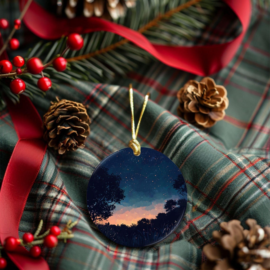 Starry Night Ornament Over Tree Silhouettes Sunset Round Poster - Image 2