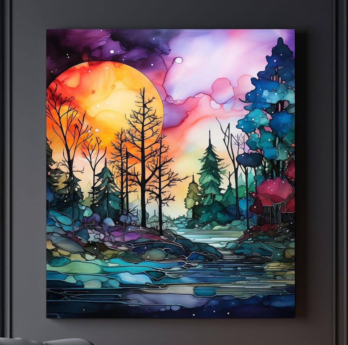 Burning Orange Moonlit Alcohol Ink Forest River Sunset Art Poster