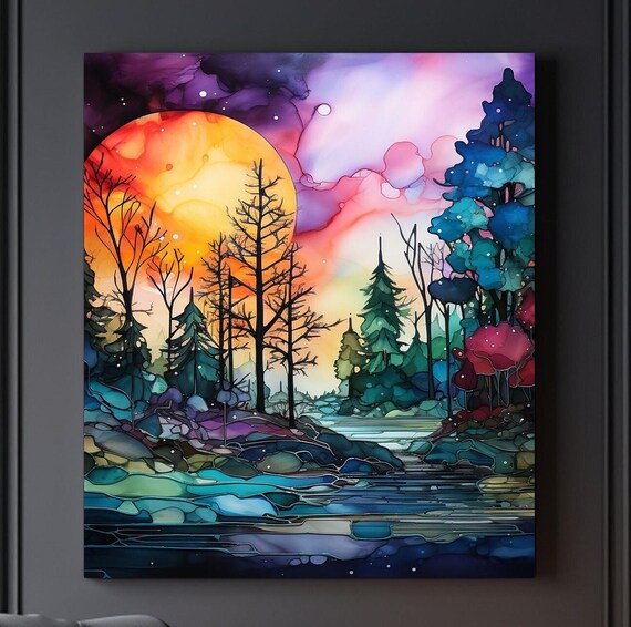 Enchanting Alcohol Ink Forest Art Mystical Forest Wall Decor Alcohol Ink Art Fantasy Art Mystical Fractal