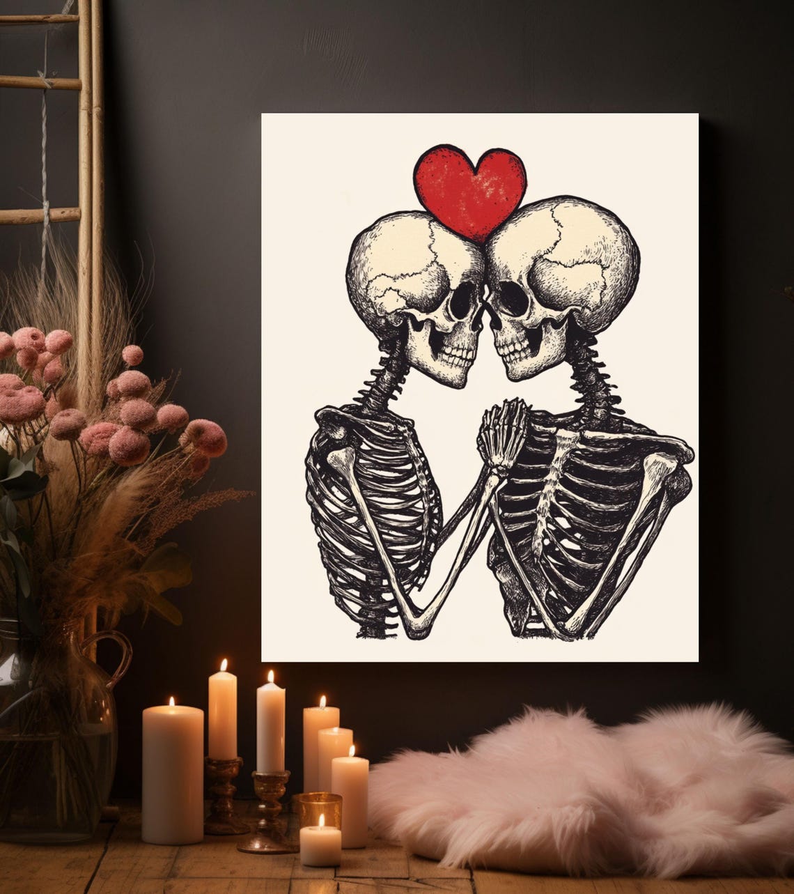 Skeleton Couple in Love with Red Heart Gothic Valentine Art Poster - Image 4