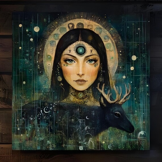 Emerald Moon Woman With Stag And Third Eye Mystical Cosmic Wall Art