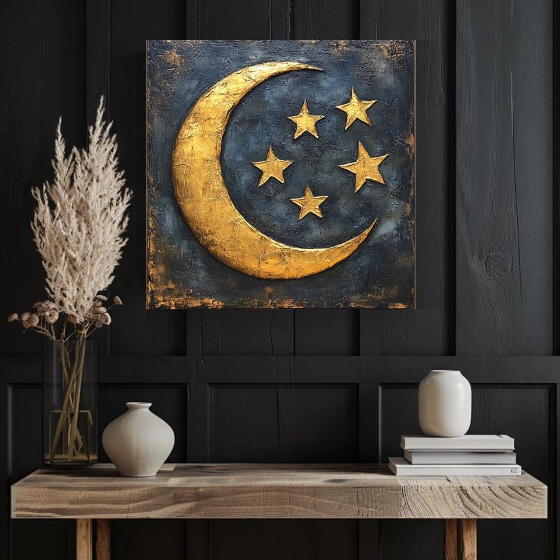 Golden Crescent Moon and Stars Textured Celestial Relief Art Poster - Image 3