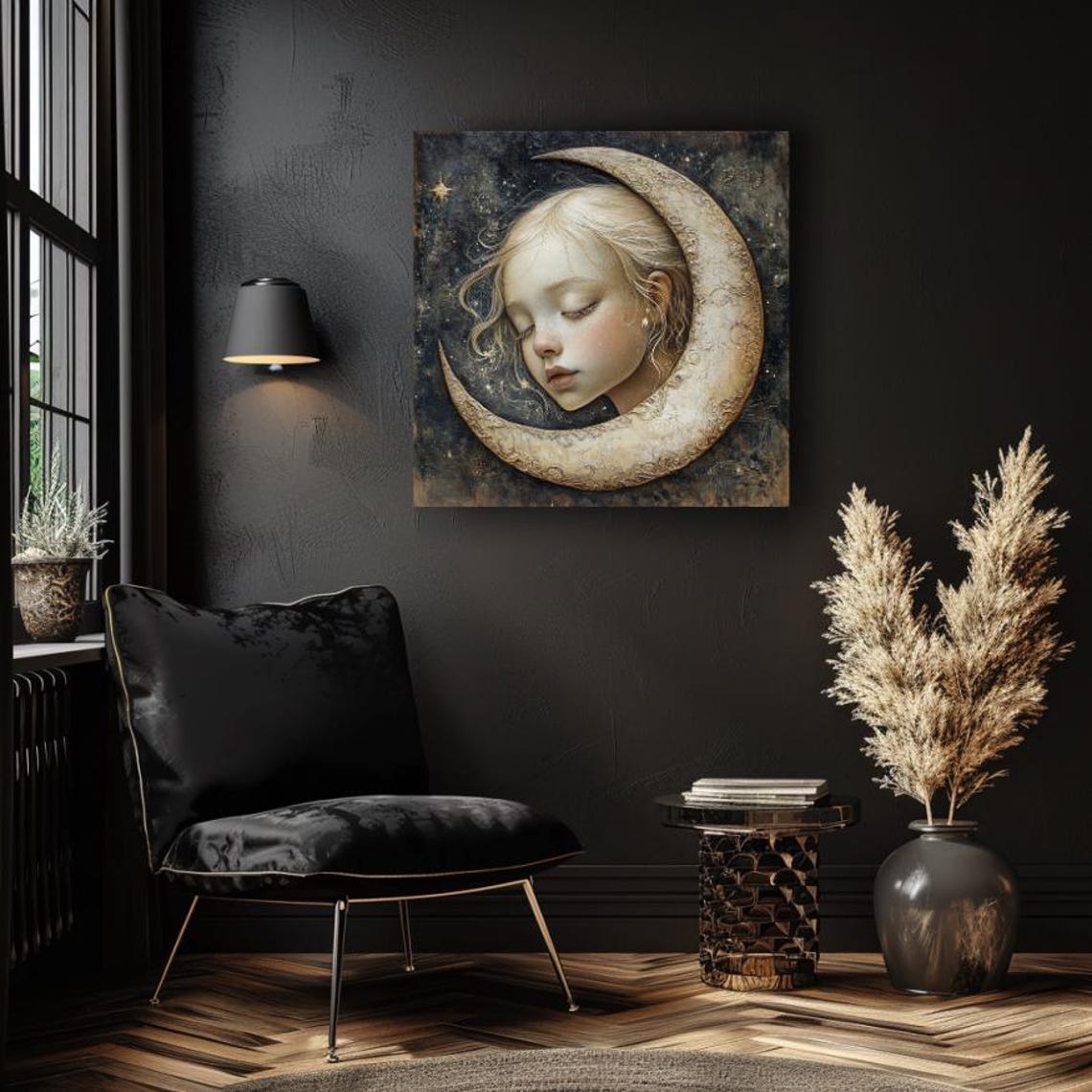 Sleeping Child Nestled In Ornate Crescent Moon Starry Night Poster - Image 4