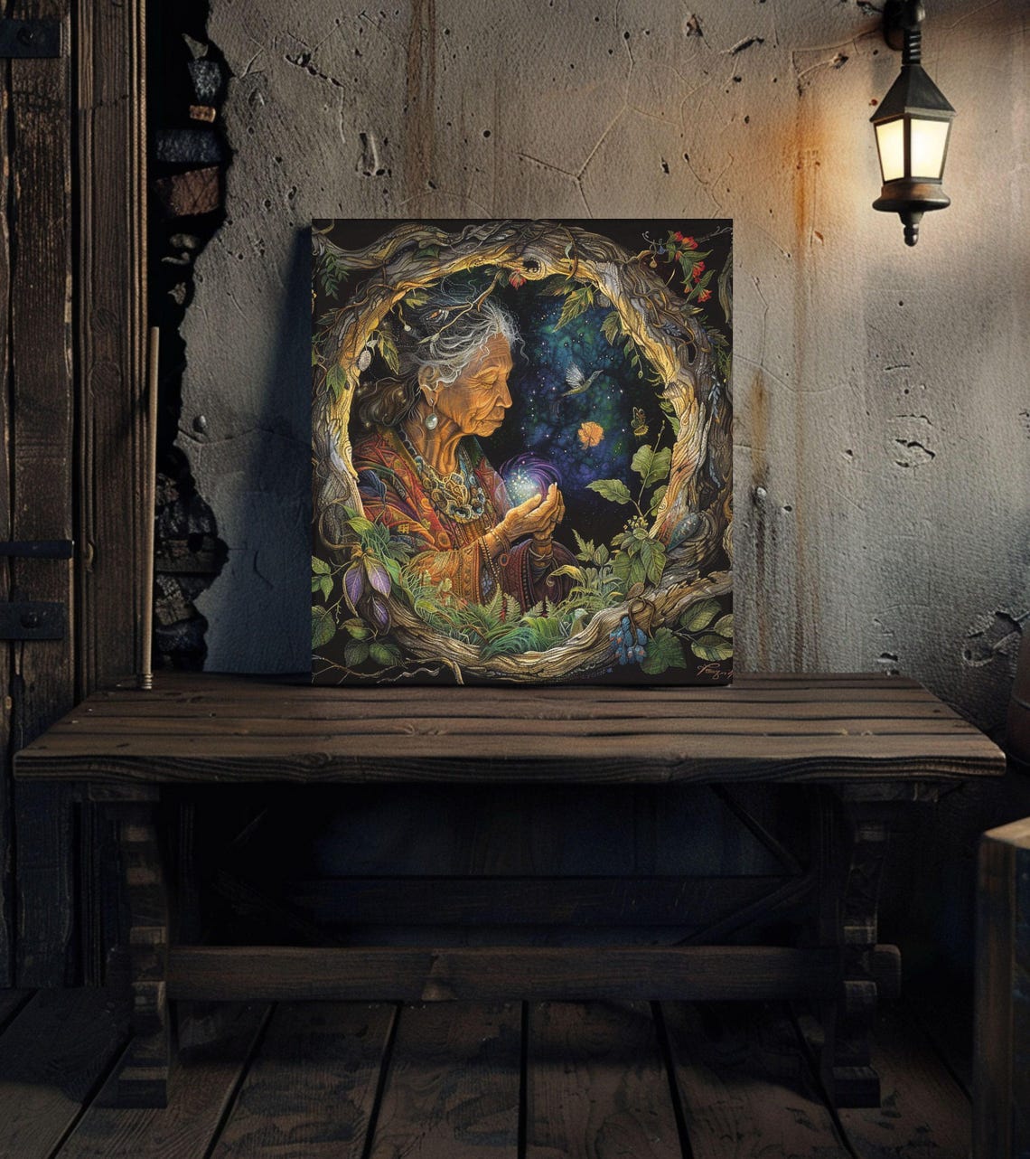 Mother Earth Elder Wise Woman Holding Cosmic Orb Nature Art Poster - Image 2