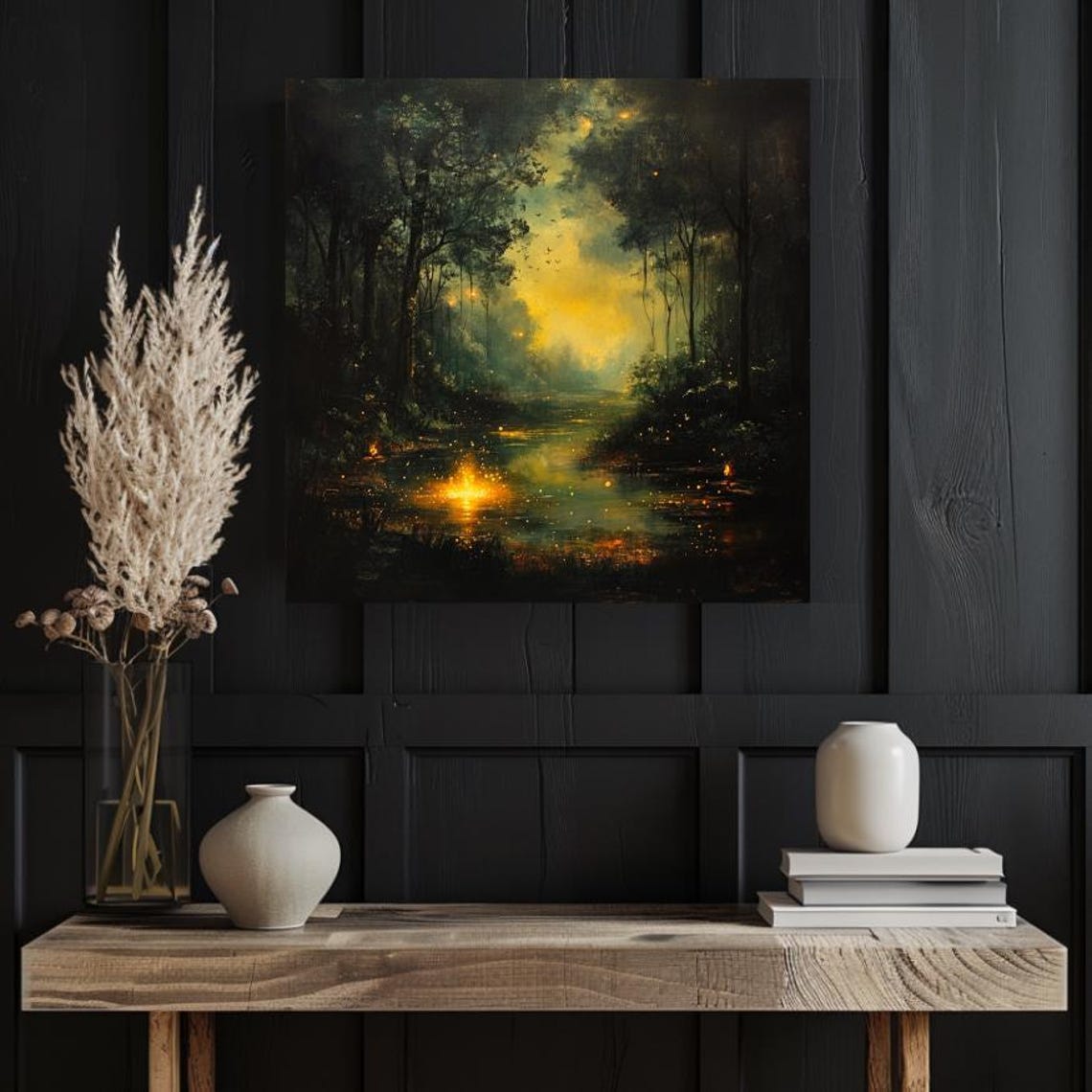 Dark Forest Lake With Golden Glowing Reflections Misty Poster - Image 3