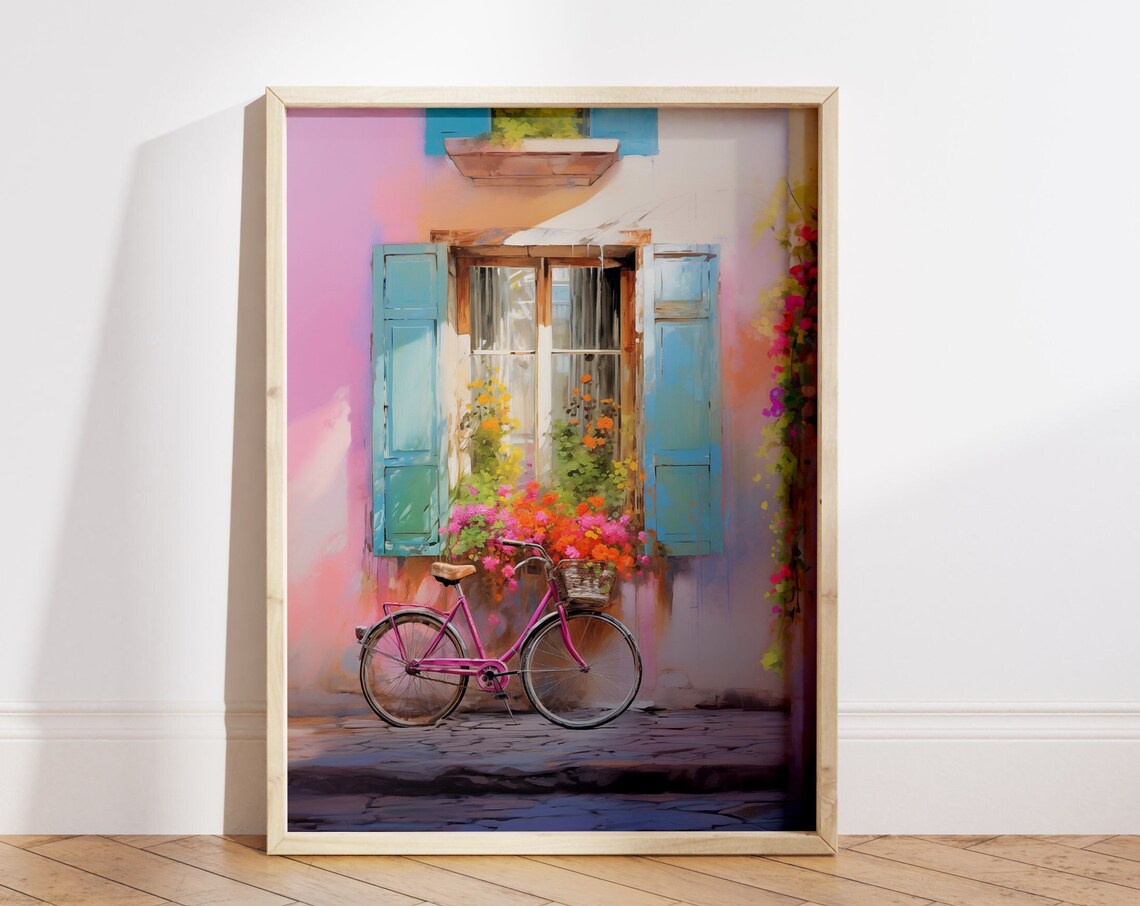 Pink Bicycle with Flowers Charming European Street Watercolor Poster