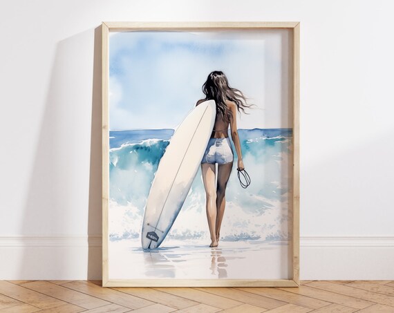 Woman With Surfboard Print Watercolor Surfer Girl Poster Tropical Coast Wall Art Beach House Decor Boho Surfboard Print File