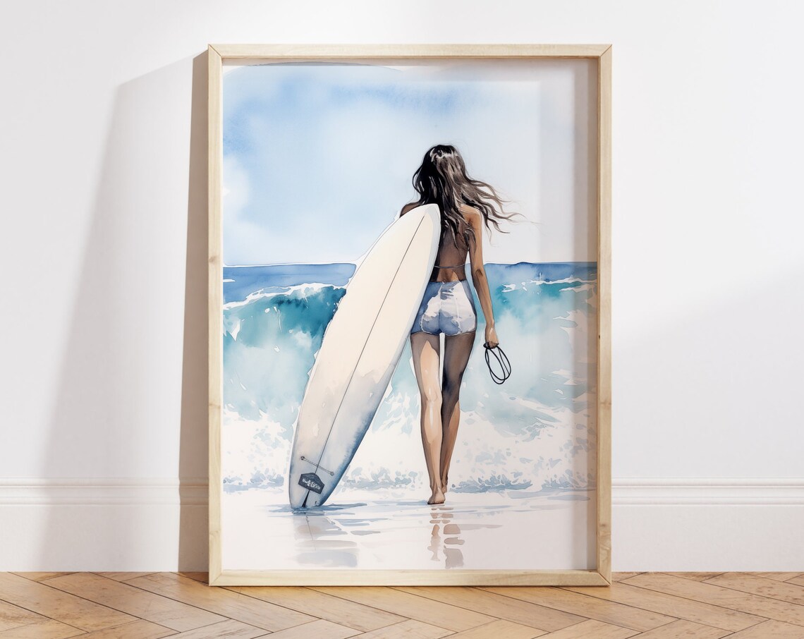 Surfer Girl Watercolor Back View Turquoise Ocean Waves Art Poster