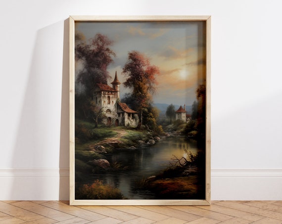 Rustic European Village Print Lake Painting Vintage Living Room Art Farmhouse Kitchen Decor European Landscape Oil Painting File
