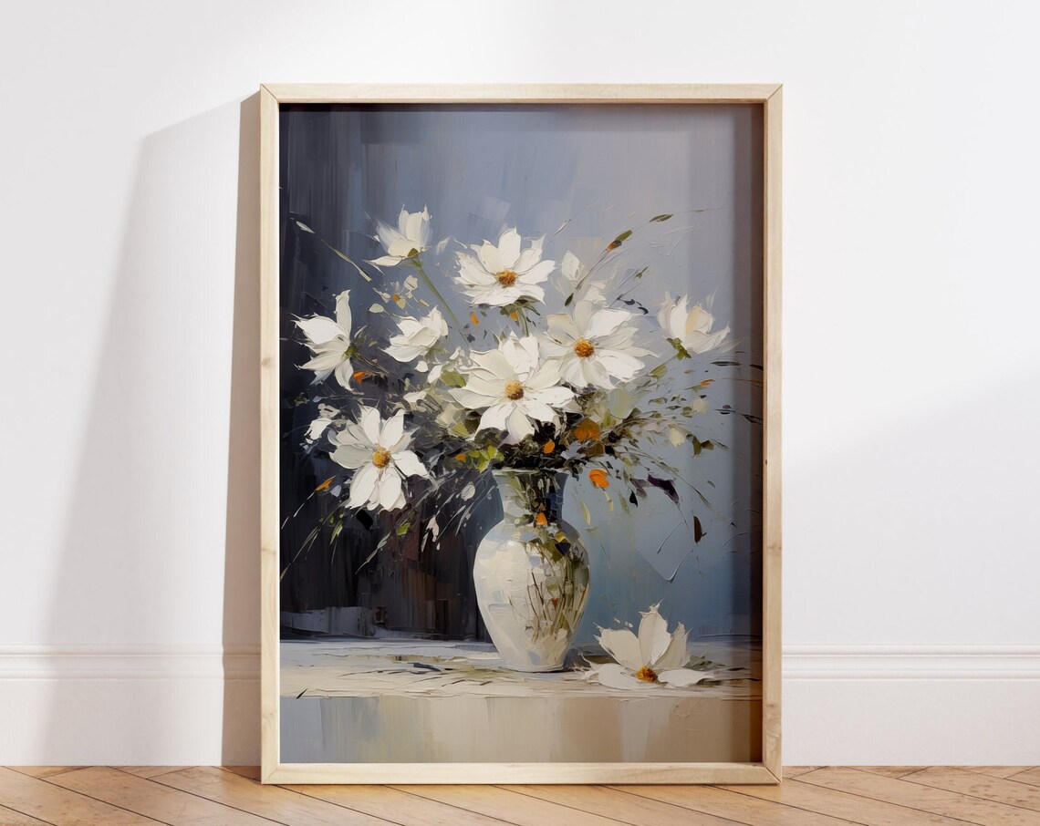 White Cosmos Flowers in Vase Textured Oil Painting Floral Poster