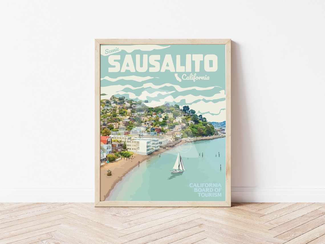 Sausalito Vintage Travel Poster, Beach Art Print