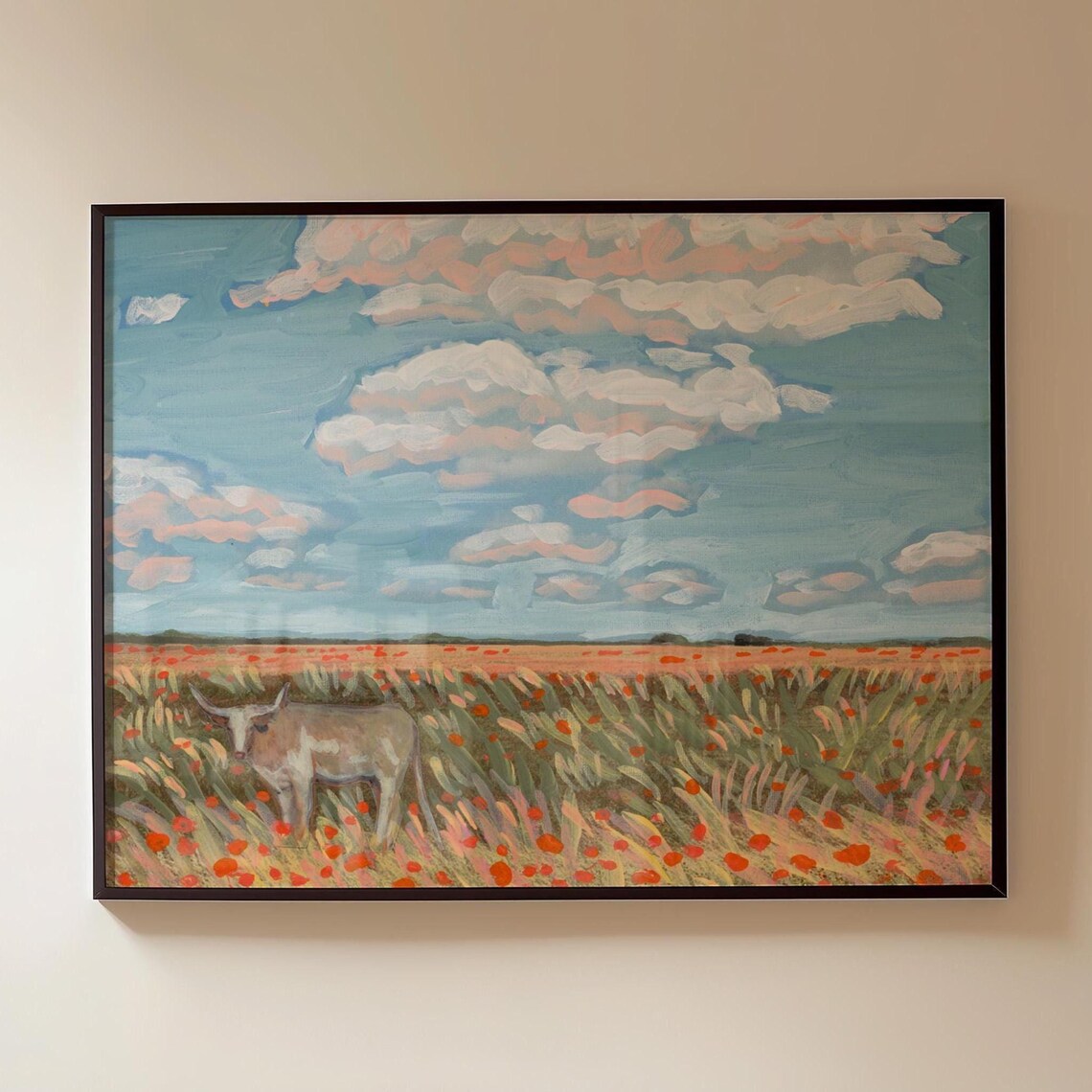 Texas Longhorn Wildflower Art Print, Mid-Century Modern