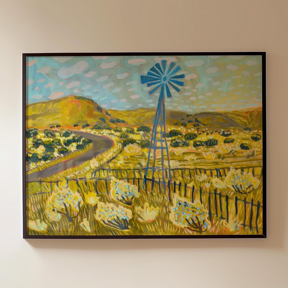 Texas Hill Country Windmill Poster Vintage Western Golden Landscape Art