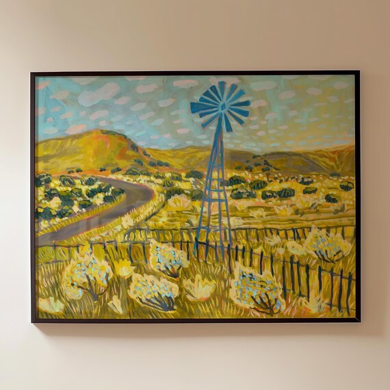 Texas Hill Country Windmill Poster Vintage Western Golden Landscape Art