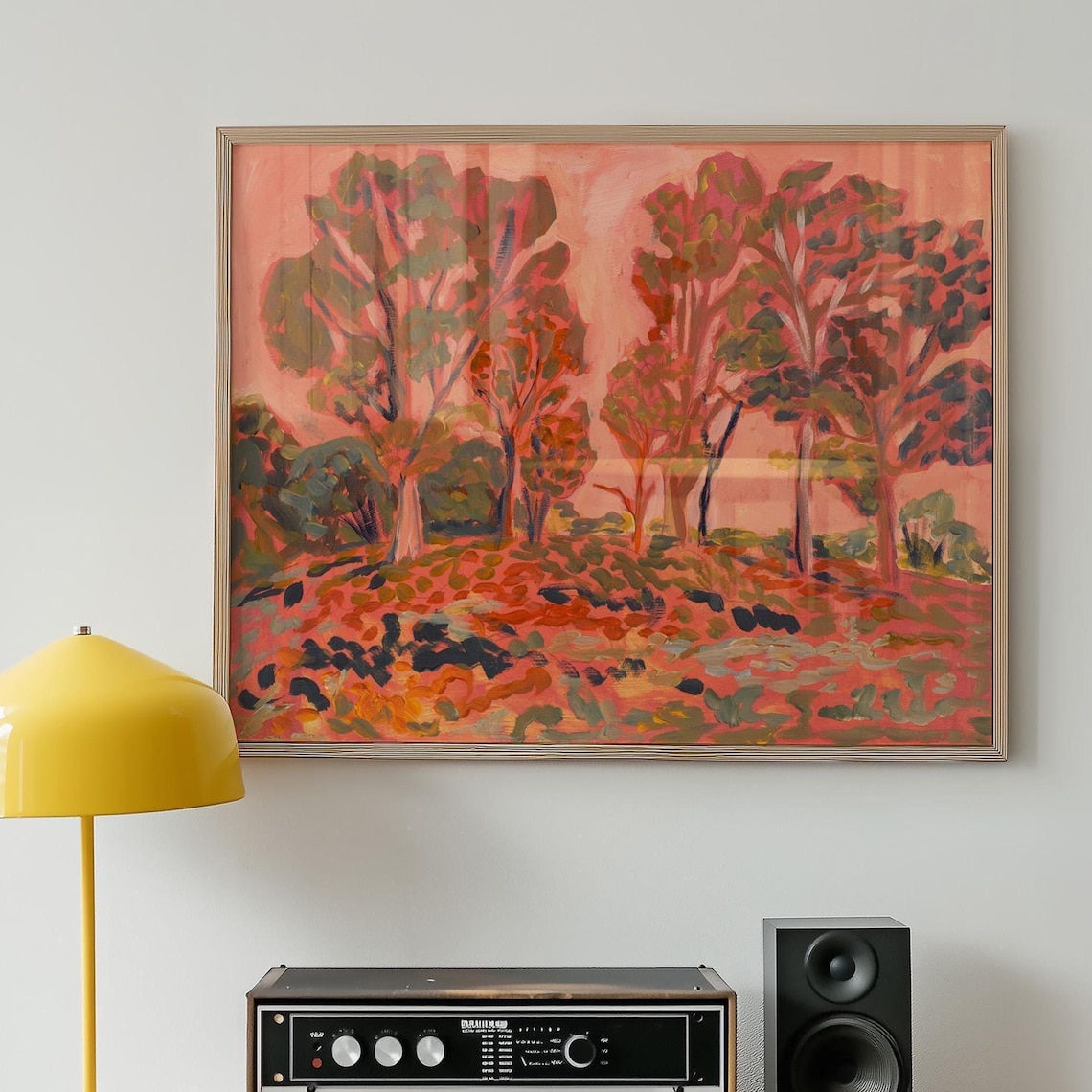 Pink Western Landscape Art Print, Vintage Retro Forest