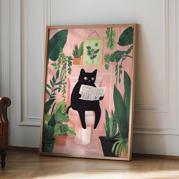 Funny Bathroom Poster Cat Reading Newspaper Print Toilet Wall Art Vintage Maximalist Decor
